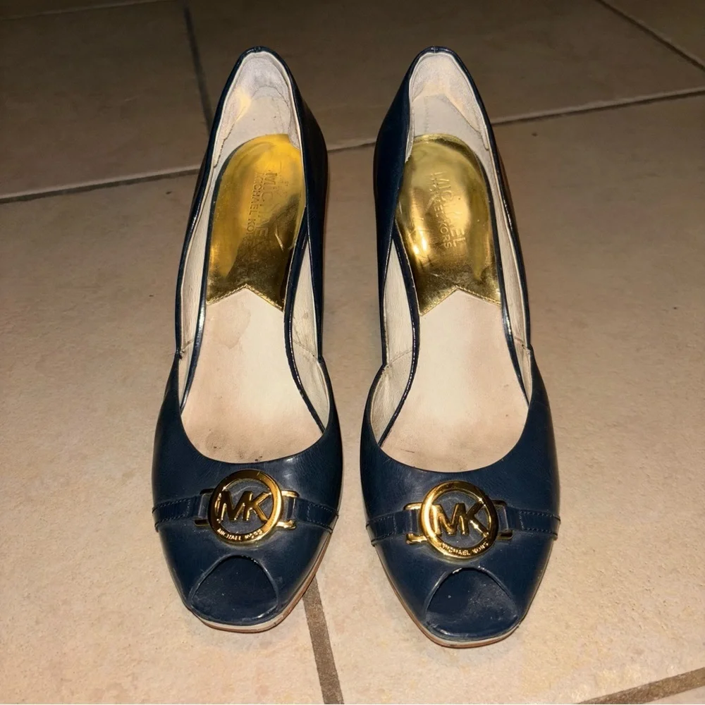 Michael Kors Rochelle Navy Blue Leather Peep Toe Striped Wedge Heel